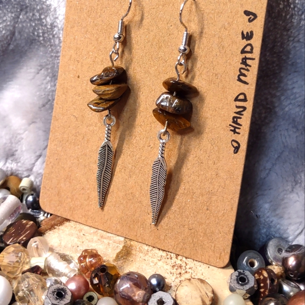 Tigers Eye Feather Charm Artisan Earrings